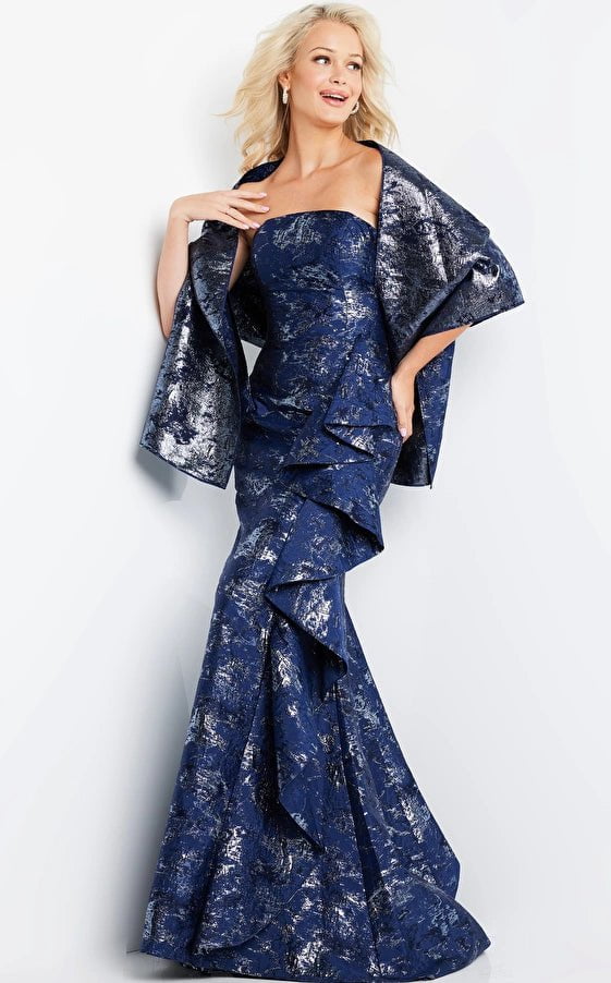 Jovani Evening Dress Jovani 08685 Navy Print Mermaid Evening Dress