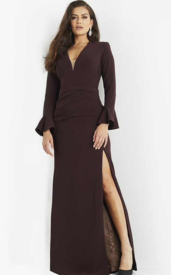 Jovani Evening Dress Jovani 09097 Plum Plunging Neck Long Sleeve Evening Dress