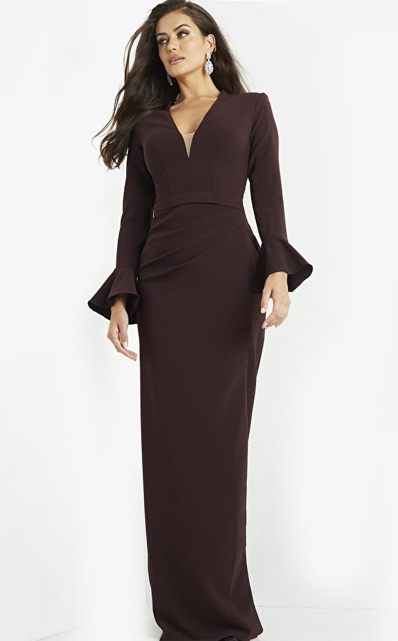 Jovani Evening Dress Jovani 09097 Plum Plunging Neck Long Sleeve Evening Dress