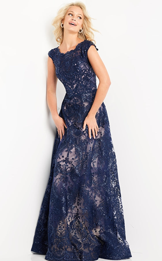 Jovani Evening Dress Jovani 09501 Navy Lace Long High Neck Evening Dress