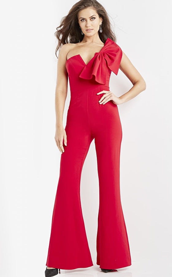 Jovani Evening Dress Jovani 09525 Red One Shoulder Evening Jumpsuit