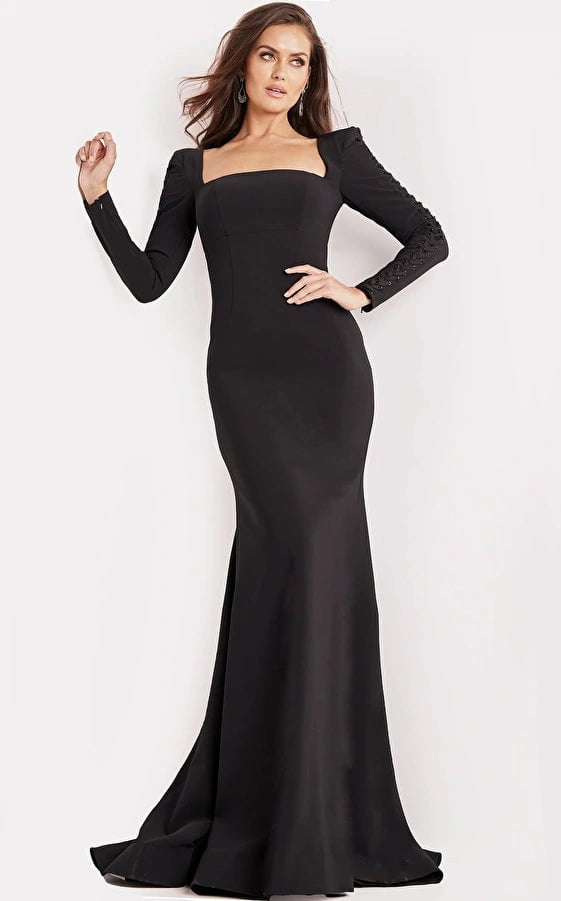 Jovani Evening Dress Jovani 09587 Black Long Sleeve Square Neck Evening Gown