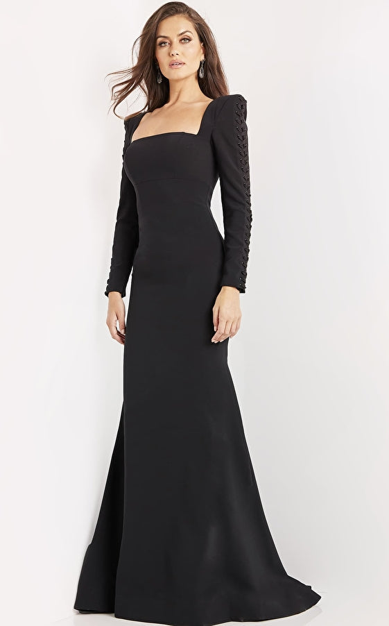 Jovani Evening Dress Jovani 09587 Black Long Sleeve Square Neck Evening Gown