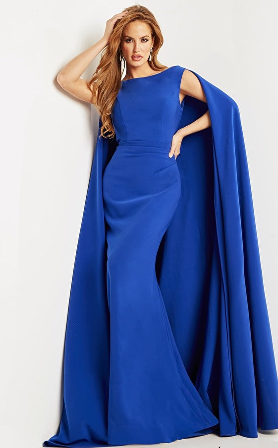 Jovani Evening Dress Jovani 09755 Royal Boat Neck Cape Evening Gown