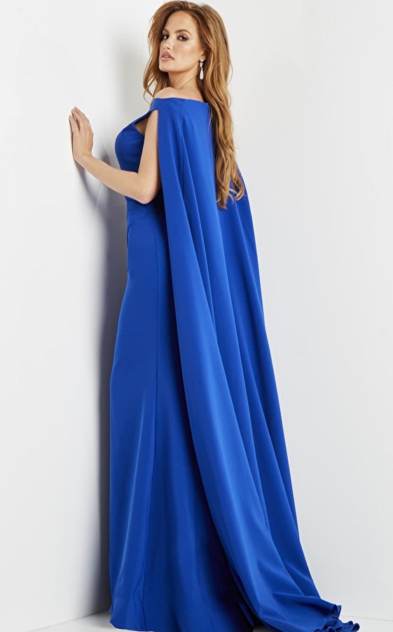 Jovani Evening Dress Jovani 09755 Royal Boat Neck Cape Evening Gown