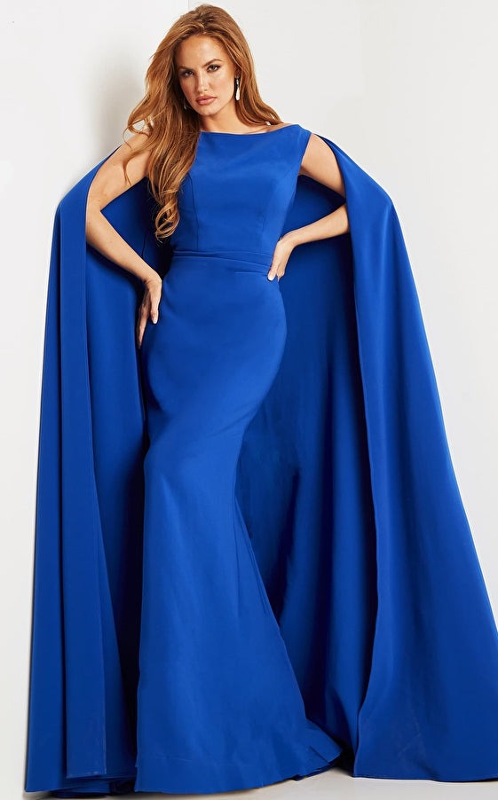 Jovani Evening Dress Jovani 09755 Royal Boat Neck Cape Evening Gown