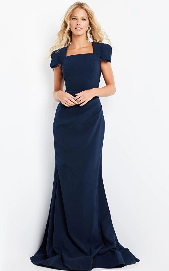 Jovani Evening Dress Jovani 09757 Navy Short Sleeve Sheath Evening Gown