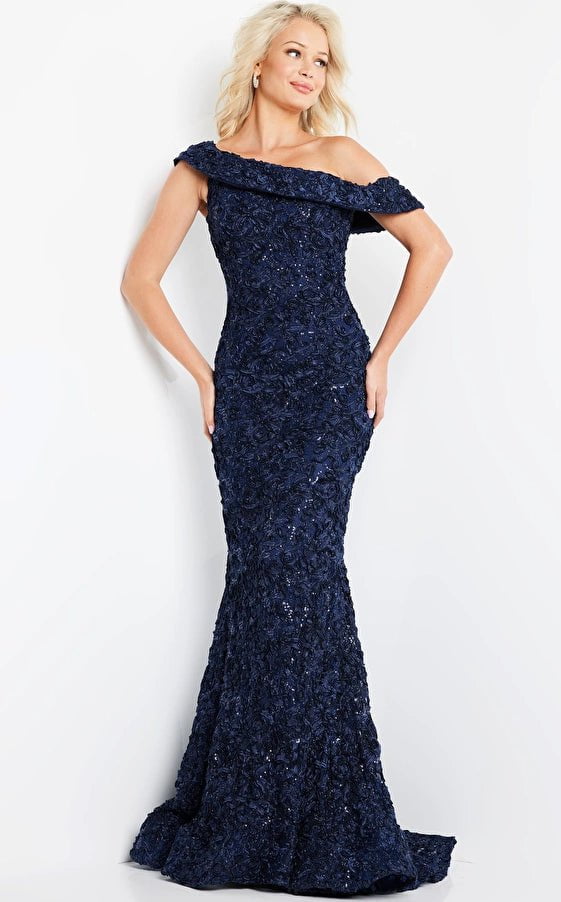 Jovani Evening Dress Jovani 09766 Navy Lace Off the Shoulder Evening Dress