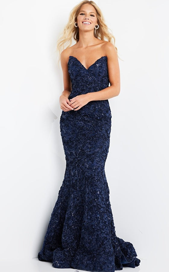 Jovani Evening Dress Jovani 09768 Navy Fitted V Neck Evening Dress