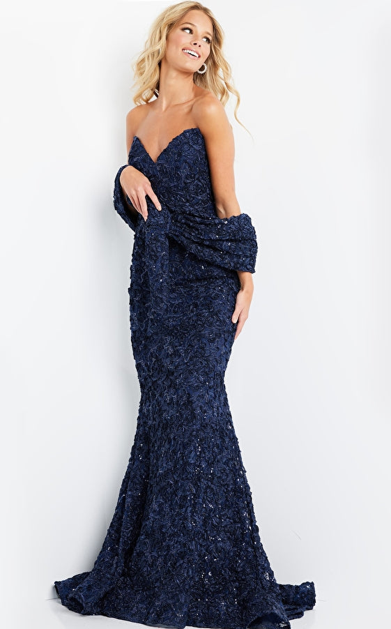 Jovani Evening Dress Jovani 09768 Navy Fitted V Neck Evening Dress