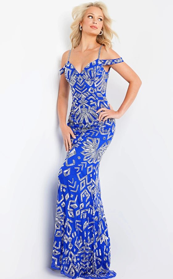 Jovani Evening Dress Jovani 09905 Royal Off The Shoulder Fitted Dress