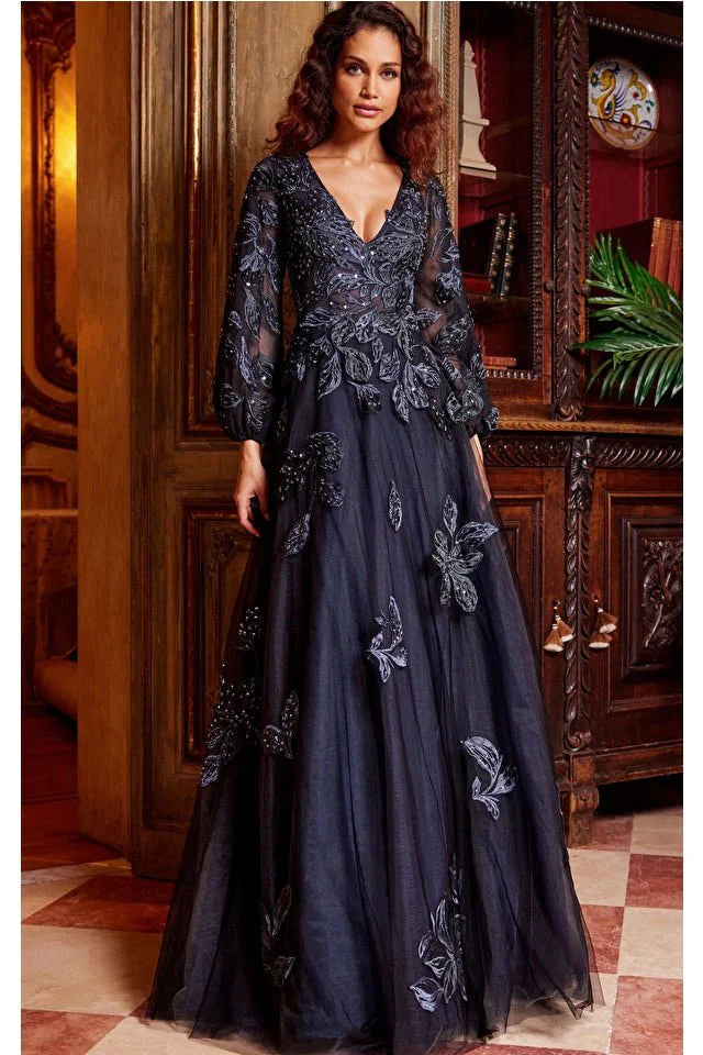 Jovani Evening Dress Jovani 09943 Navy Embroidered A Line Evening Dress