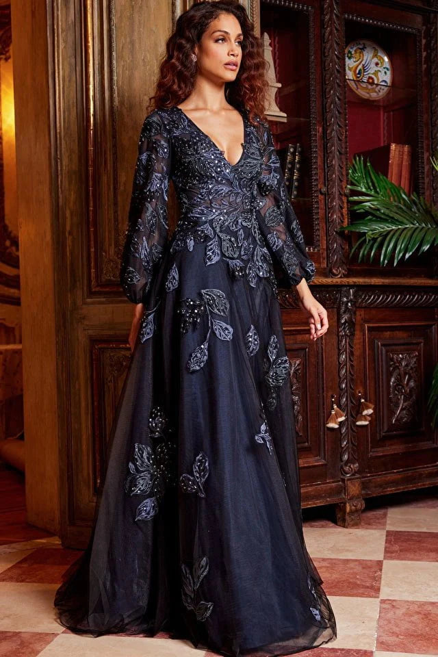 Jovani Evening Dress Jovani 09943 Navy Embroidered A Line Evening Dress