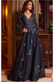 Jovani Evening Dress Jovani 09943 Navy Embroidered A Line Evening Dress