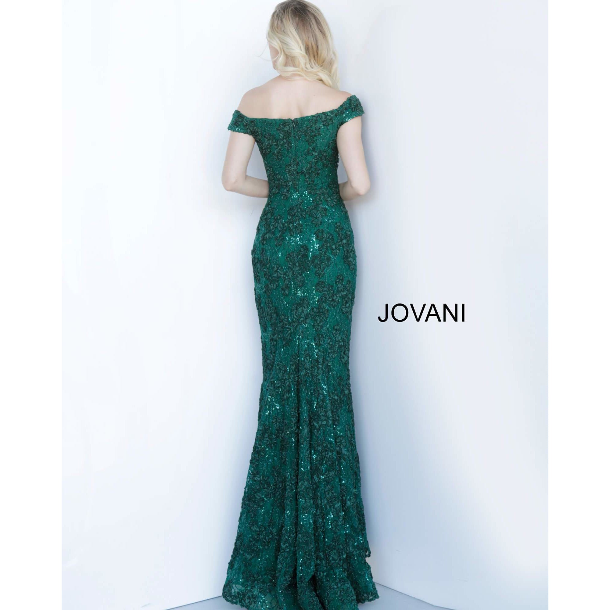 Jovani 1910 Emerald Off the Shoulder Fitted Evening Dress - NorasBridalBoutiqueNY