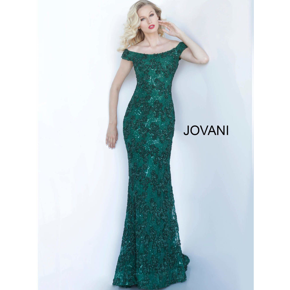 Jovani 1910 Emerald Off the Shoulder Fitted Evening Dress - NorasBridalBoutiqueNY