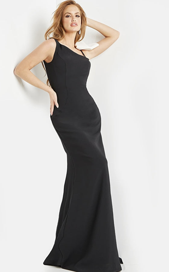 Jovani Evening Dress Jovani 220450 Black Ivory Asymmetric Neck Fitted Evening Dress