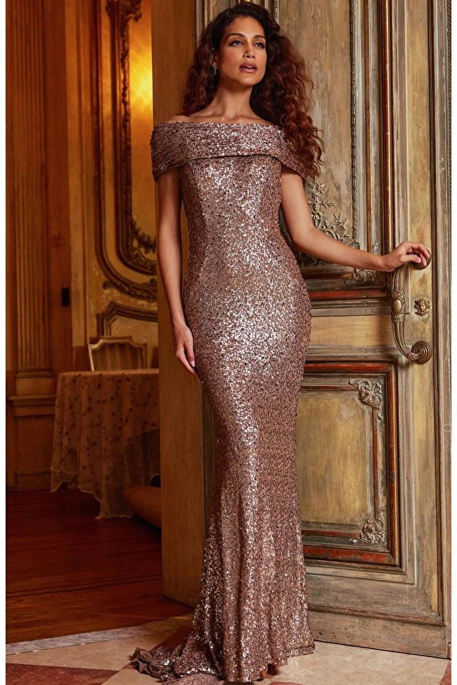 Jovani Evening Dress Jovani 22376 Taupe Sequin Embellished Off the Shoulder Evening Dress