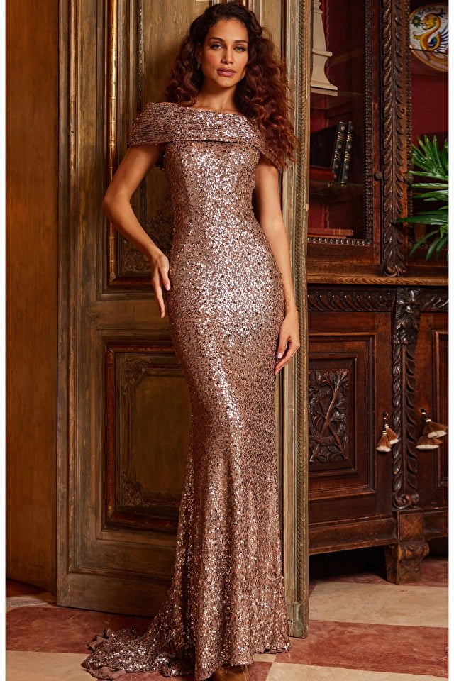 Jovani Evening Dress Jovani 22376 Taupe Sequin Embellished Off the Shoulder Evening Dress