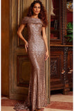 Jovani Evening Dress Jovani 22376 Taupe Sequin Embellished Off the Shoulder Evening Dress