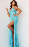 Jovani Evening Dress Jovani 22812 Light Blue Embellished Tie Back Prom Dress