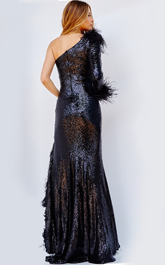 Jovani Evening Dress Jovani 22895 Black Sequin Feather Embellished Evening Dress