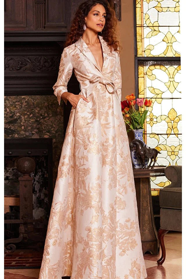 Jovani Evening Dress Jovani 23178 Gold Long Sleeve V Neck Evening Gown