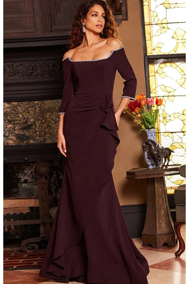 Jovani Evening Dress Jovani 23190 Plum Fitted Three Quarter Sleeve Evening Gown