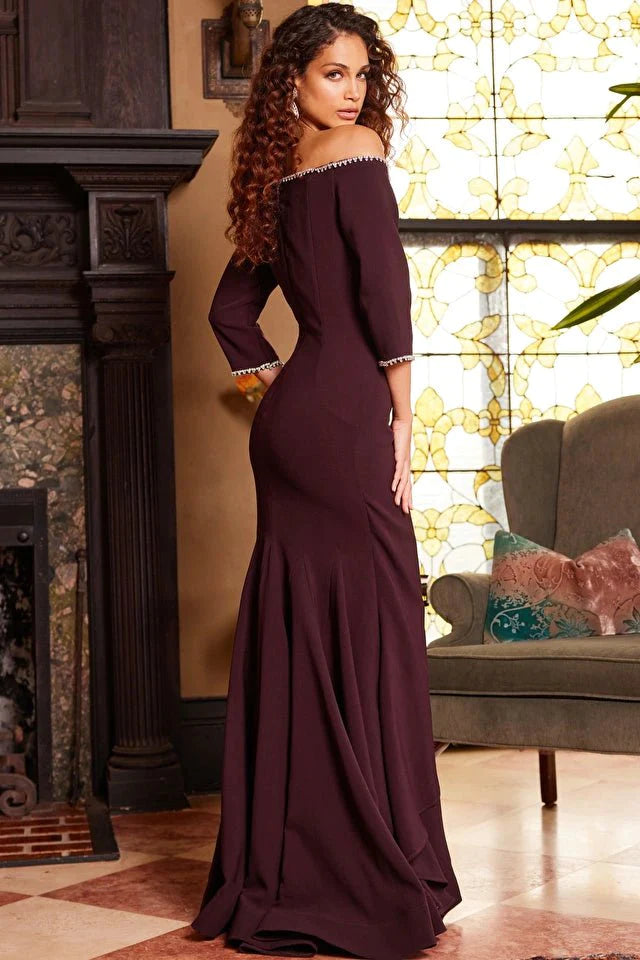 Jovani Evening Dress Jovani 23190 Plum Fitted Three Quarter Sleeve Evening Gown