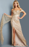Jovani Evening Dress Jovani 23392 Gold Embellished Off The Shoulder High Slit Dress