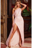 Jovani Evening Dress Jovani 23396 Blush High Slit Embellished Evening Dress