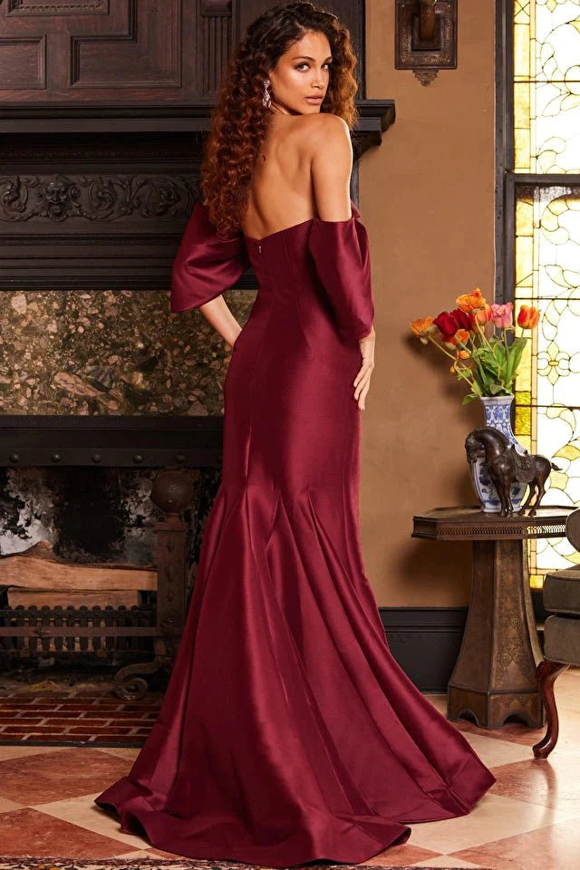 Jovani Evening Dress Jovani 23398 Burgundy Off the Shoulder Mermaid Evening Dress