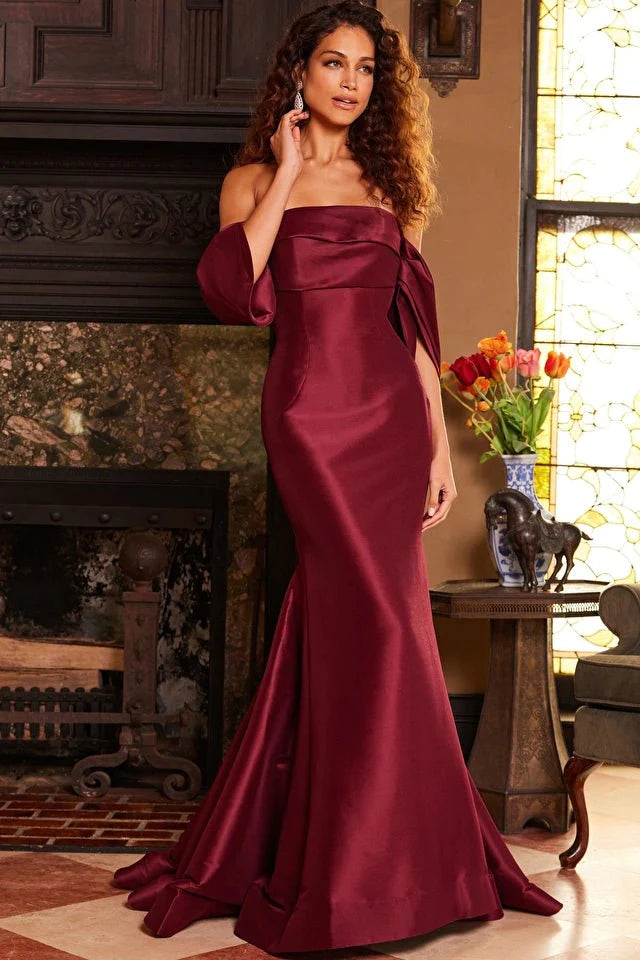 Jovani Evening Dress Jovani 23398 Burgundy Off the Shoulder Mermaid Evening Dress