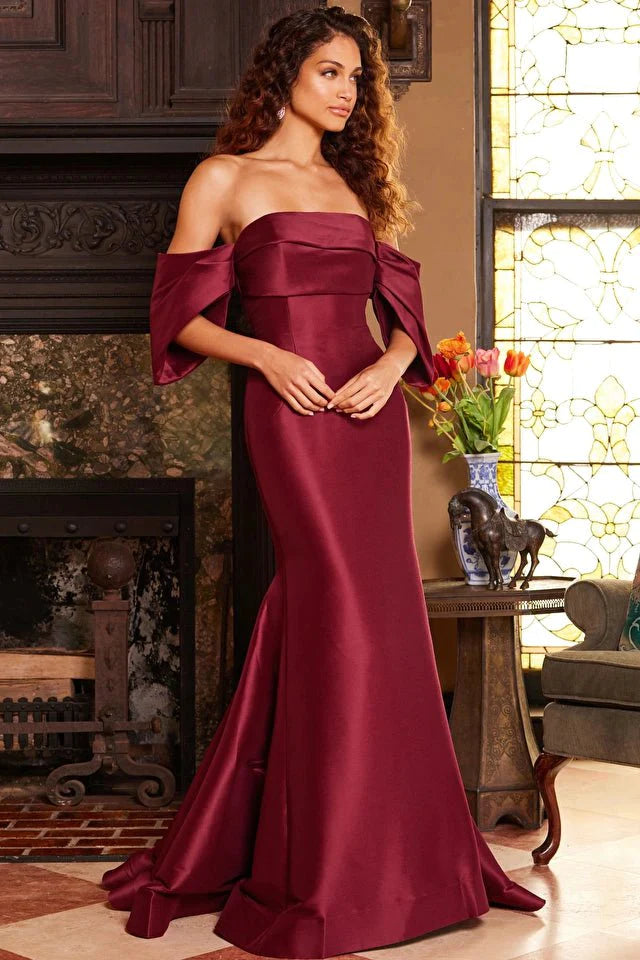 Jovani Evening Dress Jovani 23398 Burgundy Off the Shoulder Mermaid Evening Dress