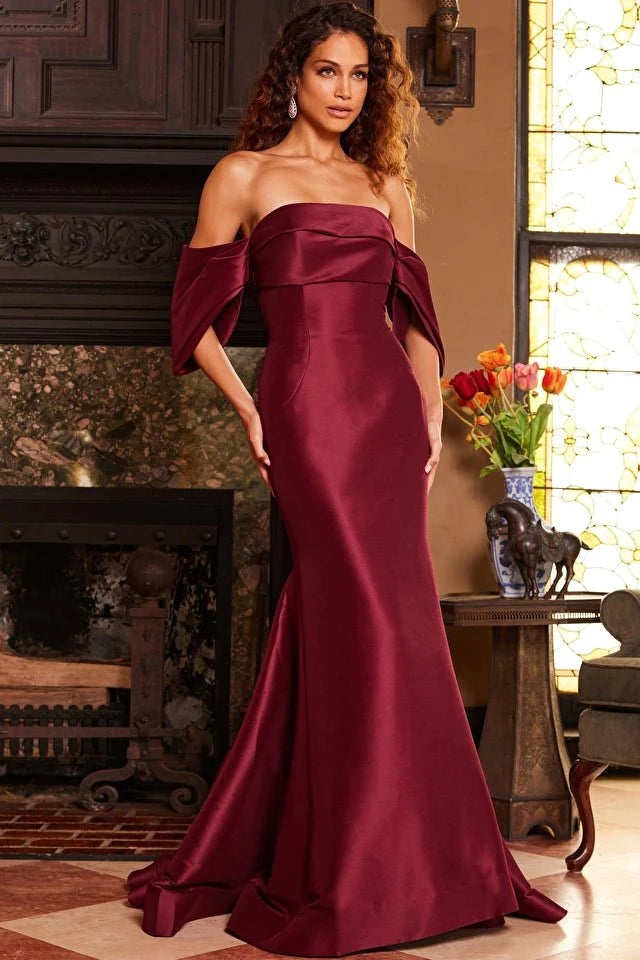 Jovani Evening Dress Jovani 23398 Burgundy Off the Shoulder Mermaid Evening Dress