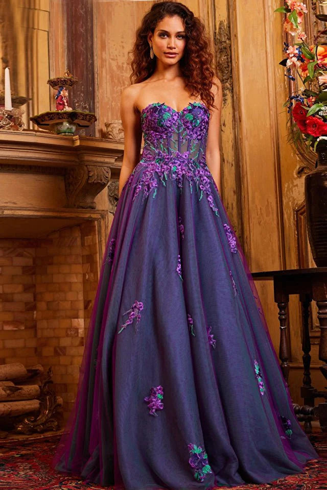 Jovani Evening Dress Jovani 23578 Purple Multi Strapless Embroidered Evening Gown