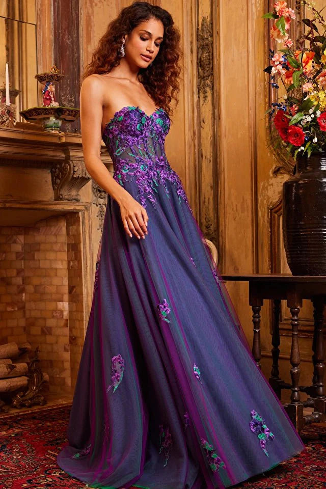 Jovani Evening Dress Jovani 23578 Purple Multi Strapless Embroidered Evening Gown