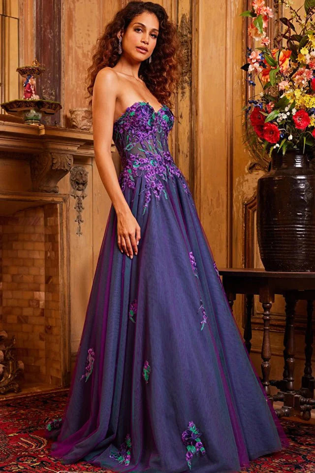 Jovani Evening Dress Jovani 23578 Purple Multi Strapless Embroidered Evening Gown