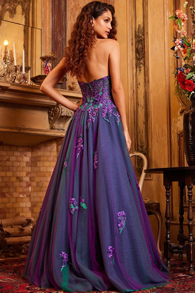 Jovani Evening Dress Jovani 23578 Purple Multi Strapless Embroidered Evening Gown
