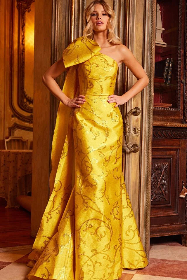 Jovani Evening Dress Jovani 23742 Yellow One Shoulder Mermaid Evening Gown