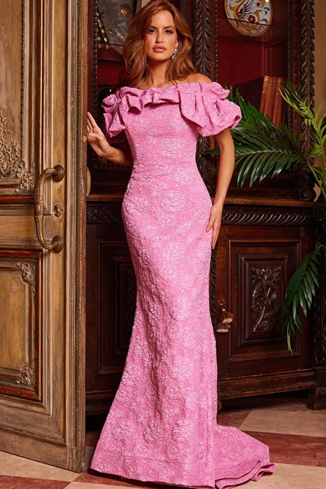 Jovani Evening Dress Jovani 23847 Pink Floral Off the Shoulder Evening Gown