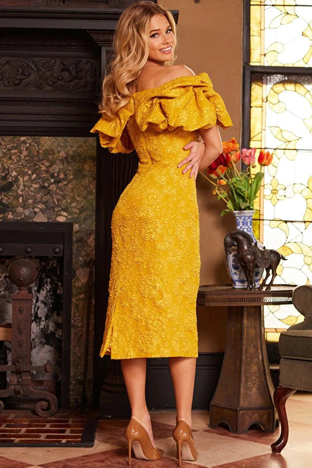 Jovani Evening Dress Jovani 23848 Mustard Off the Shoulder Ruffle Neckline Evening Dress