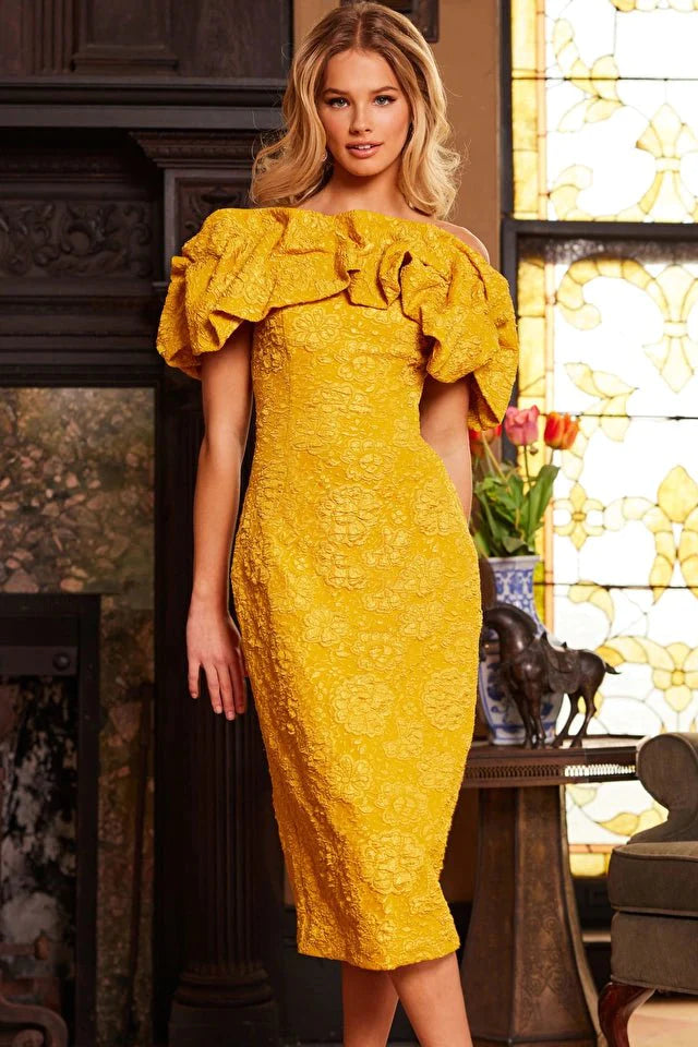 Jovani Evening Dress Jovani 23848 Mustard Off the Shoulder Ruffle Neckline Evening Dress