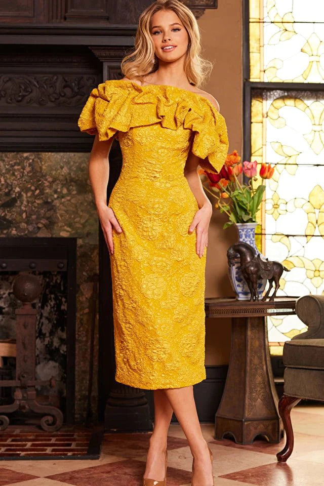 Jovani Evening Dress Jovani 23848 Mustard Off the Shoulder Ruffle Neckline Evening Dress