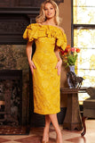 Jovani Evening Dress Jovani 23848 Mustard Off the Shoulder Ruffle Neckline Evening Dress