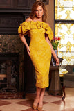 Jovani Evening Dress Jovani 23848 Mustard Off the Shoulder Ruffle Neckline Evening Dress