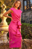 Jovani Evening Dress Jovani 23856 Fuchsia Cap Sleeve Sheath Tea Length Evening Dress