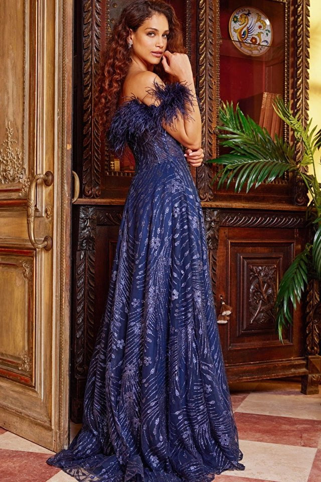 Jovani Evening Dress Jovani 23884 Navy Off the Shoulder embellished Evening Gown