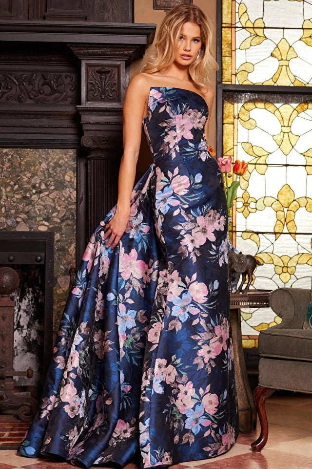 Jovani Evening Dress Jovani 23893 Navy Multi Floral A Line Evening Gown