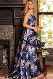 Jovani Evening Dress Jovani 23893 Navy Multi Floral A Line Evening Gown